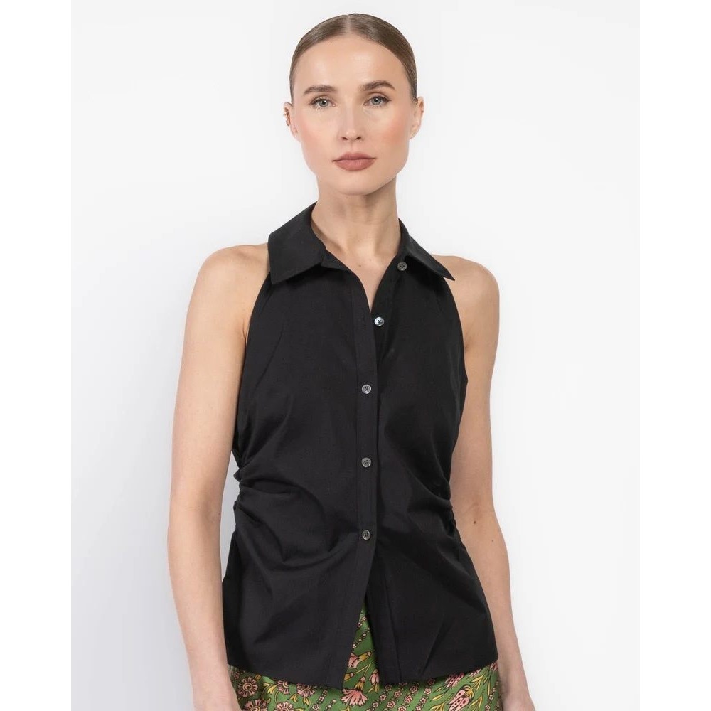 Veronica Beard Regina Shirt Black Ruched Halter Button Down Sleeveless Sz 8